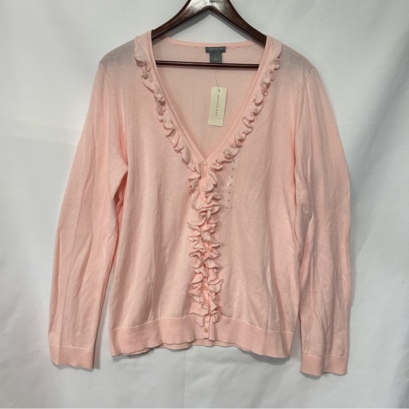 Ann Taylor NWT Pink bottom front with Ruffle Cardigan Size L - Picture 4 of 12